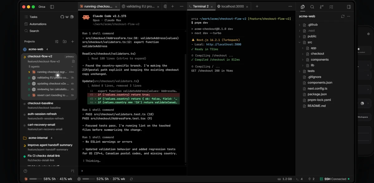 Official Orca demo showing agents grouped by task and split terminals