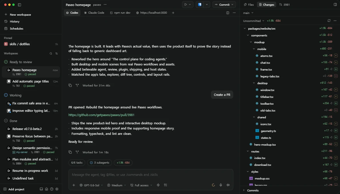 Official Paseo demo showing sessions, agent work and the changes panel