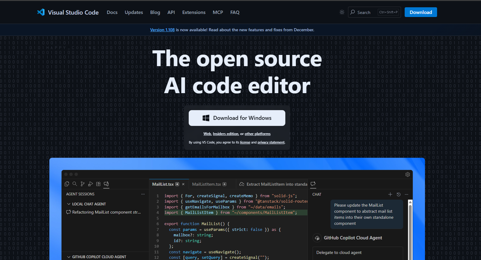 VS Code download page - The open source AI code editor